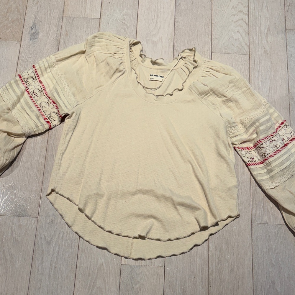 Free People Cream Peasant Blouse with Embroidered Sleeves